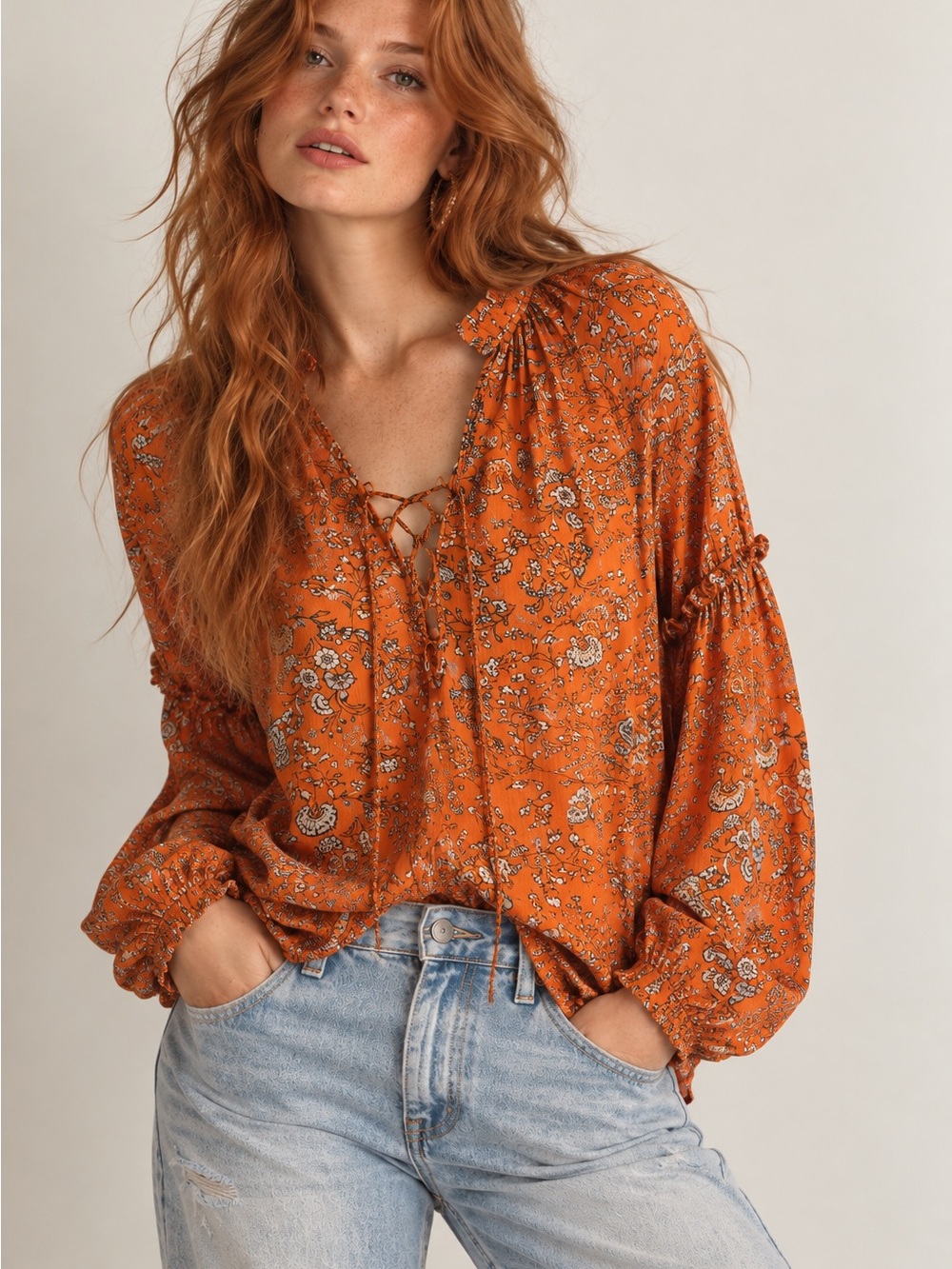 Free People Orange Floral Sheer Boho Lace Up Blouse Oversized Top
